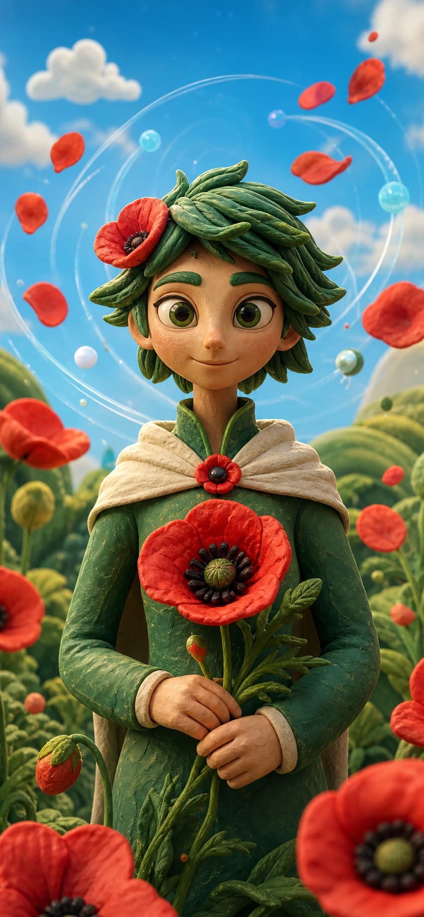 Clay-style Poppys companion character holding a red poppy in a bright garden